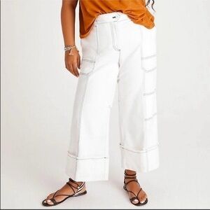 Maeve by Anthropologie Joss Contrast Stitch Wide Leg White Cropped Jeans Size 6